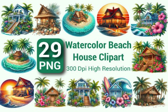 Download Watercolor Beach House Clipart Bundle - Beach Collection