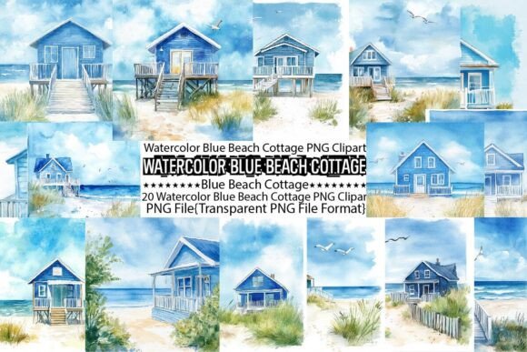 Download Watercolor Blue Beach Cottage Background - Beach Collection