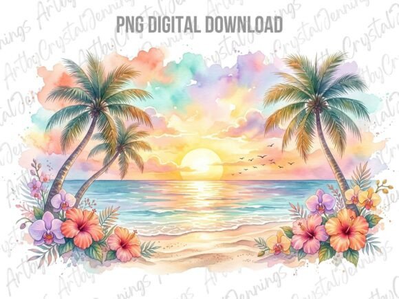 Download Watercolor Tropical Beach Sunset PNG - Beach Collection