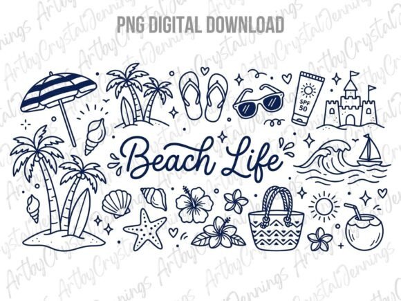 Download Hand Drawn Summer Beach Life Doodles PNG - Beach Collection